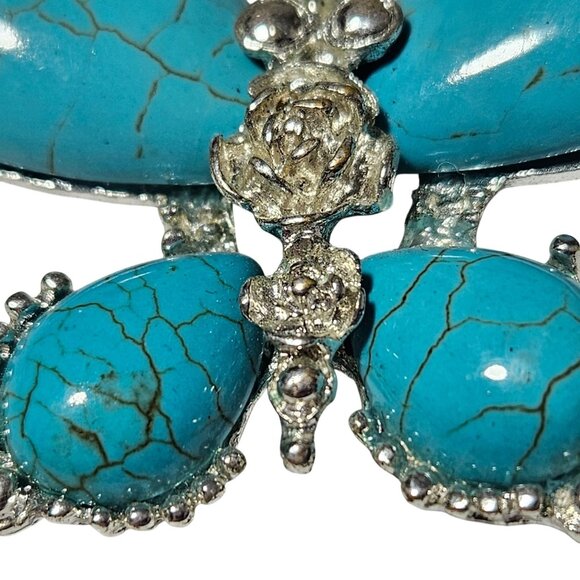 Southwest Turquoise Silver Tone Butterfly Pendant Textured Detail Boho Jewelry - Picture 3 of 4